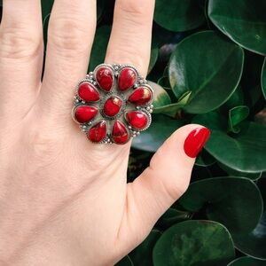 Red Rose Dahlia Cluster Ring | Size 6 | 925 Sterling Silver